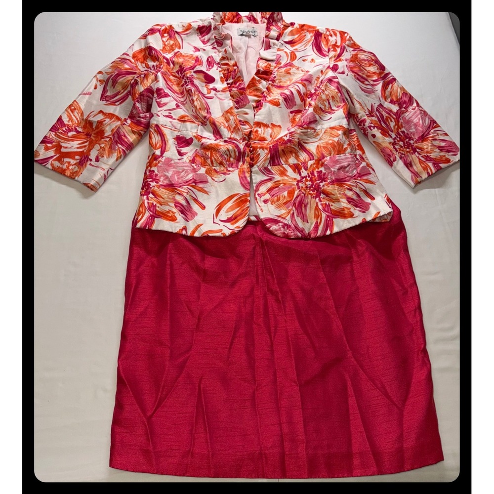 Nicolette Skirt Suit Women Size 14 Pink Floral Blazer Ruffle Knee Length Set